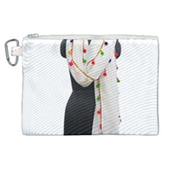 Indiahandycrfats Women Fashion White Dupatta With Multicolour Pompom All Four Sides For Girls/women Canvas Cosmetic Bag (xl) by Indianhandycrafts