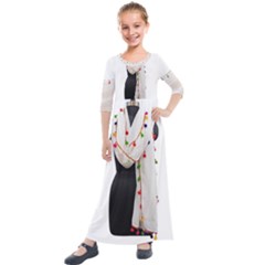 Indiahandycrfats Women Fashion White Dupatta With Multicolour Pompom All Four Sides For Girls/women Kids  Quarter Sleeve Maxi Dress by Indianhandycrafts