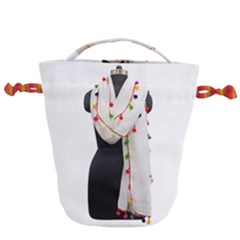 Indiahandycrfats Women Fashion White Dupatta With Multicolour Pompom All Four Sides For Girls/women Drawstring Bucket Bag by Indianhandycrafts