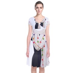 Indiahandycrfats Women Fashion White Dupatta With Multicolour Pompom All Four Sides For Girls/women Short Sleeve Front Wrap Dress