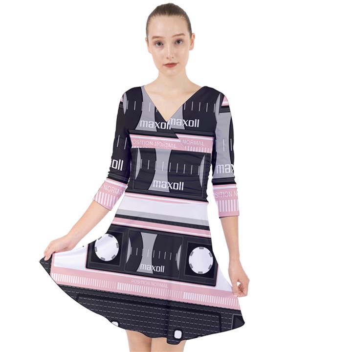 Pink Compact Cassette Quarter Sleeve Front Wrap Dress