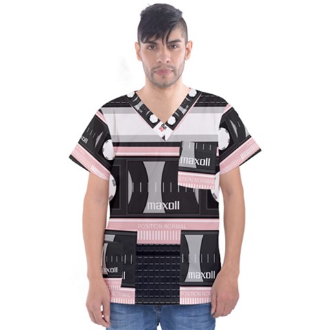 Pink Compact Cassette Men s V-neck Scrub Top by snowwhitegirl