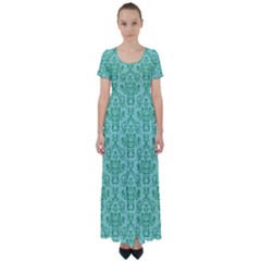 Victorian Teal Ornamental High Waist Short Sleeve Maxi Dress