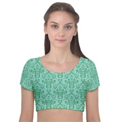 Victorian Teal Ornamental Velvet Short Sleeve Crop Top  by snowwhitegirl