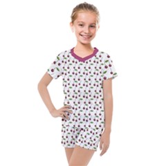 Musical Cherries Pattern Kids  Mesh Tee And Shorts Set