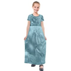 Wonderful Blue Soft Roses Kids  Short Sleeve Maxi Dress