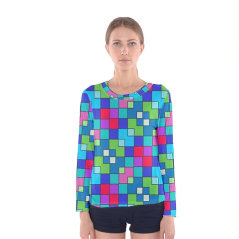 Retro Squares                                             Women Long Sleeve T-shirt by LalyLauraFLM