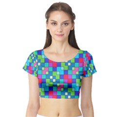 Retro Squares                                             Short Sleeve Crop Top by LalyLauraFLM