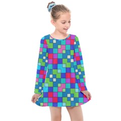 Retro Squares                                            Kids  Long Sleeve Dress