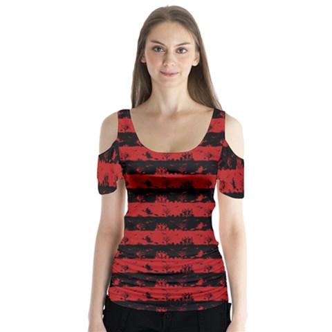 Blood Red And Black Halloween Nightmare Stripes  Butterfly Sleeve Cutout Tee  by PodArtist