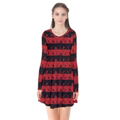 Blood Red And Black Halloween Nightmare Stripes  Long Sleeve V-neck Flare Dress by PodArtist