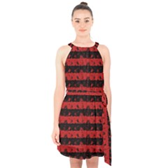 Blood Red And Black Halloween Nightmare Stripes  Halter Collar Waist Tie Chiffon Dress by PodArtist