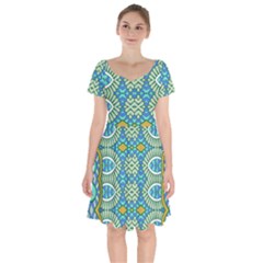 Green Blue Shapes                                              Short Sleeve Bardot Dress