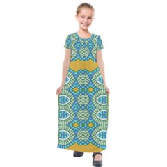 Green Blue Shapes                                          Kids  Short Sleeve Maxi Dress