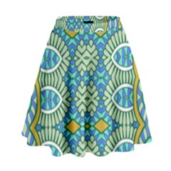 Green Blue Shapes                                              High Waist Skirt by LalyLauraFLM