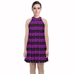 Zombie Purple And Black Halloween Nightmare Stripes  Velvet Halter Neckline Dress  by PodArtist