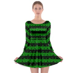 Alien Green And Black Halloween Nightmare Stripes  Long Sleeve Skater Dress by PodArtist