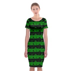 Alien Green And Black Halloween Nightmare Stripes  Classic Short Sleeve Midi Dress by PodArtist