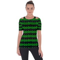 Alien Green And Black Halloween Nightmare Stripes  Shoulder Cut Out Short Sleeve Top by PodArtist