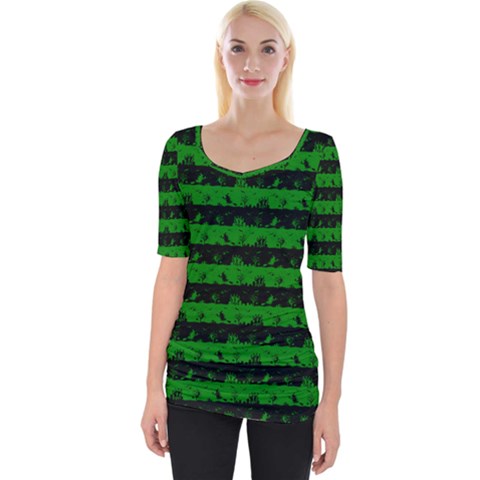 Alien Green And Black Halloween Nightmare Stripes  Wide Neckline Tee by PodArtist