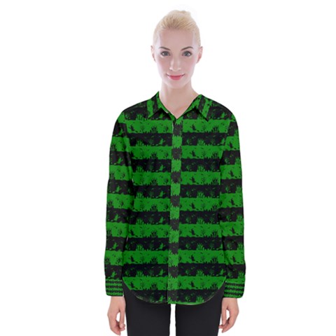 Alien Green And Black Halloween Nightmare Stripes  Womens Long Sleeve Shirt by PodArtist