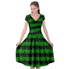 Alien Green And Black Halloween Nightmare Stripes  Cap Sleeve Wrap Front Dress by PodArtist