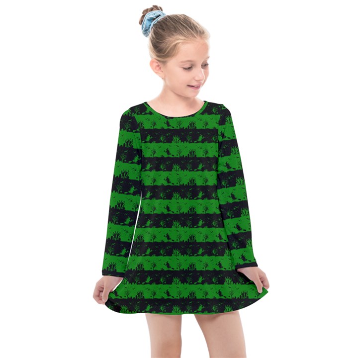 Alien Green and Black Halloween Nightmare Stripes  Kids  Long Sleeve Dress