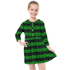 Alien Green And Black Halloween Nightmare Stripes  Kids  Quarter Sleeve Shirt Dress