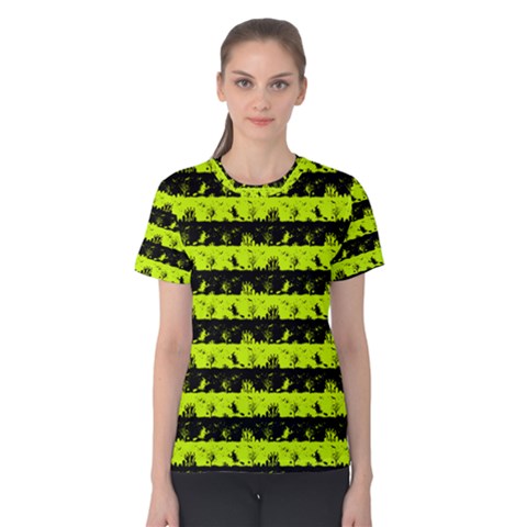 Slime Green And Black Halloween Nightmare Stripes  Women s Cotton Tee by PodArtist