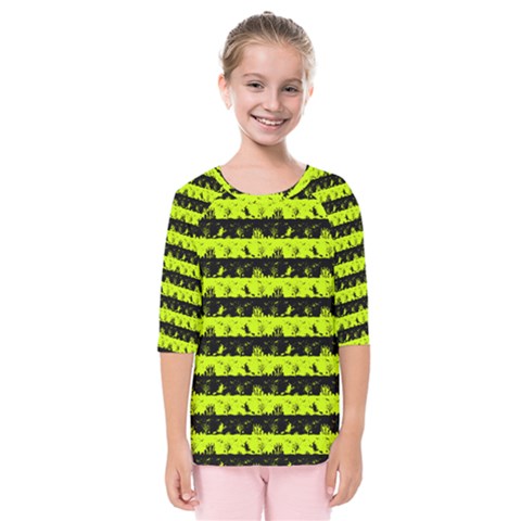 Slime Green And Black Halloween Nightmare Stripes  Kids  Quarter Sleeve Raglan Tee by PodArtist