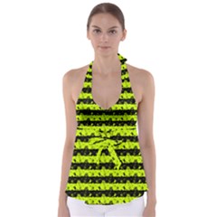 Slime Green And Black Halloween Nightmare Stripes  Babydoll Tankini Top by PodArtist