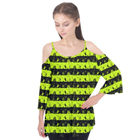 Slime Green And Black Halloween Nightmare Stripes  Flutter Tees by PodArtist