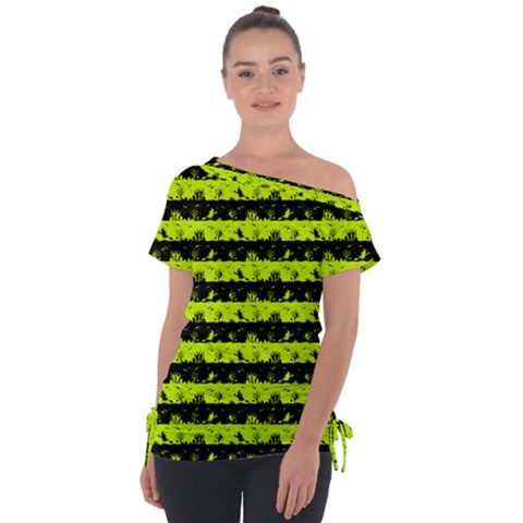 Slime Green And Black Halloween Nightmare Stripes  Tie-up Tee by PodArtist