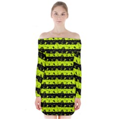 Slime Green And Black Halloween Nightmare Stripes  Long Sleeve Off Shoulder Dress