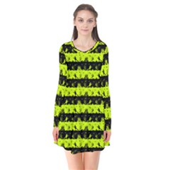 Slime Green And Black Halloween Nightmare Stripes  Long Sleeve V-neck Flare Dress by PodArtist