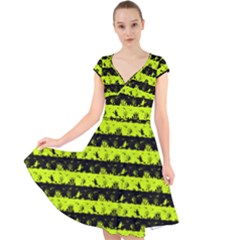 Slime Green And Black Halloween Nightmare Stripes  Cap Sleeve Front Wrap Midi Dress