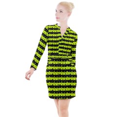 Slime Green And Black Halloween Nightmare Stripes  Button Long Sleeve Dress by PodArtist