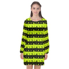 Slime Green And Black Halloween Nightmare Stripes  Long Sleeve Chiffon Shift Dress  by PodArtist