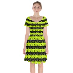 Slime Green And Black Halloween Nightmare Stripes  Short Sleeve Bardot Dress