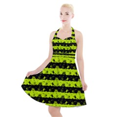 Slime Green And Black Halloween Nightmare Stripes  Halter Party Swing Dress 