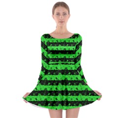 Monster Green And Black Halloween Nightmare Stripes  Long Sleeve Skater Dress by PodArtist