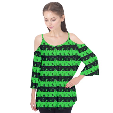 Monster Green And Black Halloween Nightmare Stripes  Flutter Tees by PodArtist