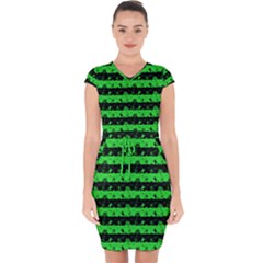 Monster Green And Black Halloween Nightmare Stripes  Capsleeve Drawstring Dress 