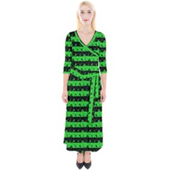 Monster Green And Black Halloween Nightmare Stripes  Quarter Sleeve Wrap Maxi Dress by PodArtist