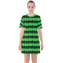 Monster Green And Black Halloween Nightmare Stripes  Sixties Short Sleeve Mini Dress by PodArtist