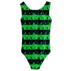 Monster Green And Black Halloween Nightmare Stripes  Kids  Cut-out Back One Piece Swimsuit by PodArtist