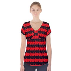 Red Devil And Black Halloween Nightmare Stripes  Short Sleeve Front Detail Top by PodArtist