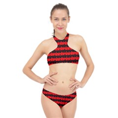 Red Devil And Black Halloween Nightmare Stripes  High Neck Bikini Set