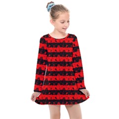 Red Devil And Black Halloween Nightmare Stripes  Kids  Long Sleeve Dress by PodArtist