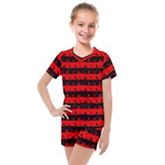 Red Devil And Black Halloween Nightmare Stripes  Kids  Mesh Tee And Shorts Set